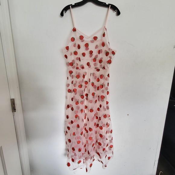 SHEIN Dresses & Skirts - Shein Curve Plus Pink Strawberry Print Mesh Cover Up Midi Dress Size 1XL